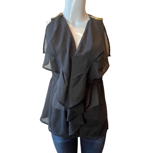 NWT Dizzy Love Women Sheer Ruffle Front Blouse Top Sleeveless V Neck Black Small - Picture 1 of 6